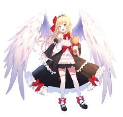 Rule 34 | 1girl, aak, bad id, bad pixiv id, bare shoulders, black footwear, black hairband, black skirt, black sleeves, blonde hair, blush, bow, copyright request, detached sleeves, dress, feathered wings, frilled sleeves, frills, full body, hair bow, hairband, highres, juliet sleeves, long hair, long sleeves, hugging object, pleated skirt, pointy ears, puffy sleeves, red bow, red eyes, shoes, simple background, skirt, sleeves past wrists, solo, standing, strapless, strapless dress, stuffed animal, stuffed toy, teddy bear, thighhighs, very long hair, white background, white bow, white dress, white thighhighs, white wings, wide sleeves, wings