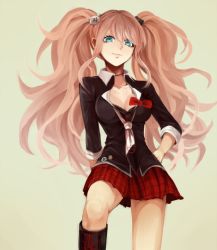 Rule 34 | 10s, 1girl, bad id, bad pixiv id, blue eyes, boots, bow, breasts, cleavage, danganronpa: trigger happy havoc, danganronpa (series), enoshima junko, hair bow, knee boots, long hair, necktie, pink hair, school uniform, skirt, sleeves rolled up, smile, solo, spoilers, tomari (veryberry00), twintails, very long hair
