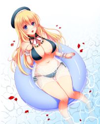 Rule 34 | 10s, 1girl, atago (kancolle), bikini, blonde hair, blue eyes, breasts, cleavage, from above, hat, highres, innertube, kantai collection, knees together feet apart, large breasts, long hair, looking at viewer, navel, open mouth, personification, petals, ribbon, side-tie bikini bottom, sitting, solo, sotogawa max, swim ring, swimsuit, wakamezake, water