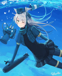 Rule 34 | 1girl, alternate eye color, amatsukaze (kancolle), artist name, bad id, bad pixiv id, bodysuit, cosplay, cropped jacket, diving suit, dress, eyebrows, garrison cap, green eyes, grey hair, hair tubes, hat, headgear, high collar, highres, kantai collection, long hair, looking at viewer, one eye closed, puffy short sleeves, puffy sleeves, rensouhou-kun, retorillo, short sleeves, solo, torpedo, turtleneck, two side up, u-511 (kancolle), u-511 (kancolle) (cosplay), underwater, wavy mouth, wetsuit
