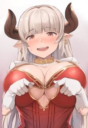 Rule 34 | 10s, 1girl, alicia (granblue fantasy), breasts, center opening, cleavage, draph, dress, earrings, gloves, granblue fantasy, highres, horns, jewelry, large breasts, long hair, nuko (mikupantu), open mouth, pointy ears, red eyes, silver hair, solo, tug, white gloves