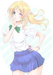 Rule 34 | 10s, 1girl, alternate hairstyle, ayase eli, blonde hair, blowing kiss, blue eyes, cosplay, dress shirt, frapowa, hair ornament, hair scrunchie, hand on own hip, heart, looking at viewer, love live!, love live! school idol project, one eye closed, otonokizaka school uniform, parted lips, school uniform, scrunchie, shirt, short sleeves, side ponytail, skirt, solo, standing, tojo nozomi (cosplay), tojo nozomi, twintails, wink