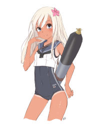 Rule 34 | 1girl, absurdres, bare arms, bare legs, bare shoulders, blue eyes, blush, covered navel, crop top, cropped legs, finger to mouth, flower, hair flower, hair ornament, highres, kantai collection, long hair, looking at viewer, neve (morris-minicooper), one-piece swimsuit, one-piece tan, ro-500 (kancolle), sailor collar, school swimsuit, school uniform, simple background, smile, solo, swimsuit, swimsuit under clothes, tan, tanline, torpedo, white background