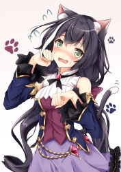 Rule 34 | 1girl, absurdres, animal ear fluff, animal ears, bare shoulders, black hair, blue sleeves, blush, bow, breasts, cat ears, cat girl, cat tail, commentary request, cowboy shot, detached sleeves, fang, frilled skirt, frills, gem, green eyes, hair bow, hands up, highres, huge filesize, karyl (princess connect!), long hair, long sleeves, looking at viewer, low twintails, medium breasts, multicolored hair, open mouth, paw pose, paw print, paw print background, princess connect!, purple skirt, rumiko (rmeco), shirt, skin fang, skirt, sleeveless, sleeveless shirt, solo, streaked hair, sweatdrop, tail, tail raised, twintails, very long hair, white background, white hair, white shirt, wide sleeves