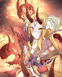 Rule 34 | 1girl, absurdres, bad id, bad pixiv id, breasts, facial mark, fangs, fate/grand order, fate (series), fingernails, forehead mark, highres, holding, holding sword, holding weapon, horns, huge filesize, ibaraki douji (fate), japanese clothes, kimono, long hair, off shoulder, oni, oni horns, pointy ears, print kimono, sharp fingernails, skull, small breasts, solo, sword, takamitsu k, tattoo, weapon, wide sleeves, yellow eyes, yellow kimono