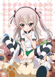 Rule 34 | 10s, 1girl, arm support, bandaid, black ribbon, black thighhighs, blurry, blurry background, blurry foreground, blush, brown eyes, buruma, closed mouth, commentary, depth of field, emblem, finger to mouth, girls und panzer, green buruma, gym shirt, gym uniform, hair ribbon, legs up, light blush, light brown hair, long hair, looking at viewer, retumihari, ribbon, selection university (emblem), shimada arisu, shirt, short sleeves, shushing, side ponytail, sitting, smile, solo, striped clothes, striped thighhighs, stuffed animal, stuffed toy, teddy bear, thighhighs, white shirt
