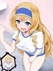 Rule 34 | 2girls, absurdres, bathroom, blonde hair, blue buruma, blue eyes, blush, bow, breasts, buruma, cecilia alcott, charlotte dunois, clenched hand, collarbone, closed eyes, female focus, gym uniform, hair bow, hair ornament, hand up, have to pee, highres, indoors, infinite stratos, leaning forward, long hair, medium breasts, multiple girls, open mouth, pink bow, shingyou (alexander-13), shirt, short sleeves, sitting, solo, standing, sweat, tears, toilet, toilet use, trembling, uniform, white shirt