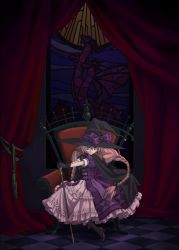 Rule 34 | 1girl, alfa system, black gloves, blue eyes, bow, braid, chair, checkered floor, curtains, dark, dress, frilled dress, frills, fumiko odette vanstein, glasses, gloves, hat, hat bow, indoors, long hair, perspective, pink hair, puffy short sleeves, puffy sleeves, purple eyes, red hair, ribbon, shikigami no shiro, short sleeves, sitting, skirt, smile, solo, staff, stained glass, twin braids, very long hair, witch, witch hat