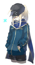 Rule 34 | 1girl, ahoge, artoria pendragon (fate), ayanolity, black hat, black shorts, blonde hair, blue eyes, blue scarf, blue sweater, cowboy shot, cropped legs, fate/grand order, fate (series), hair between eyes, hands in pocket, hat, highres, long hair, long sleeves, mysterious heroine x (fate), peaked cap, ponytail, scarf, short shorts, shorts, sidelocks, simple background, sketch, smile, solo, standing, sweater, white background