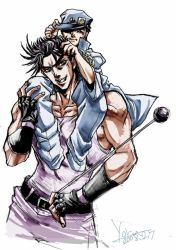 Rule 34 | 2boys, age regression, ball, belt, black hair, bola (weapon), carrying, dated, family, fingerless gloves, gloves, grandfather and grandson, grin, hand on headwear, hand on own hip, hat, jojo no kimyou na bouken, joseph joestar, joseph joestar (young), kuujou joutarou, male focus, multiple boys, oversized clothes, shoulder carry, signature, smile, weapon, yoru awaji, aged down