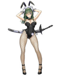 Rule 34 | 1girl, absurdres, animal ears, armpits, arms up, bad id, bad pixiv id, bare shoulders, blue eyes, bow, bowtie, breasts, cleavage, detached collar, fake animal ears, fishnet pantyhose, fishnets, glasses, gloves, green hair, highres, katana, large breasts, leotard, long hair, long legs, looking at viewer, nakabayashi reimei, one eye closed, pantyhose, phantasy star, phantasy star online 2, playboy bunny, rabbit ears, red-framed eyewear, semi-rimless eyewear, simple background, smile, solo, sword, under-rim eyewear, weapon, white background, white gloves, wink, wrist cuffs