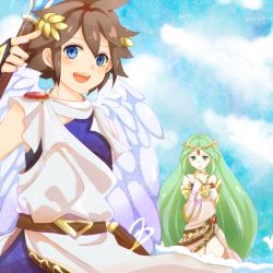 Rule 34 | :d, ancient greek clothes, blue eyes, brown hair, chiton, cloud, cloudy sky, dress, fingerless gloves, forehead jewel, gloves, green eyes, green hair, jewelry, kid icarus, laurel crown, nintendo, open mouth, palutena, pit (kid icarus), sky, smile, toga, white dress, wings, yamabuki (daiazu)