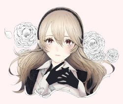 Rule 34 | 1girl, ballpoint pen (medium), black gloves, black hairband, blonde hair, blush, corrin (female) (fire emblem), corrin (fire emblem), cropped torso, fire emblem, fire emblem fates, gloves, hair between eyes, hairband, highres, long hair, looking at viewer, nintendo, pink background, pointy ears, red eyes, roroichi, simple background, solo, traditional media, upper body