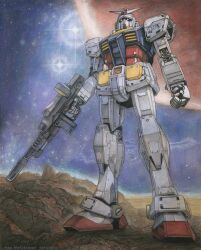 Rule 34 | 2021, asteroid, beam rifle, damaged, dated, dirty, earth federation space forces, emblem, energy gun, glowing, glowing eyes, gundam, highres, machinery, mecha, mike winterbauer, mobile suit, mobile suit gundam, no humans, original, realistic, redesign, robot, rx-78-2, scan, science fiction, signature, space, star (symbol), starry background, traditional media, weapon