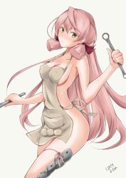 Rule 34 | 1girl, akashi (kancolle), apron, blush, breasts, collarbone, cowboy shot, green eyes, hazuki futahi, kantai collection, large breasts, long hair, looking at viewer, naked apron, pink hair, sideboob, signature, simple background, solo, thigh strap, thighs, upper body, very long hair, white background, wrench