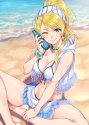 Rule 34 | 10s, 1girl, ;), ahoge, aqua nails, ayase eli, bangle, bare shoulders, beach, bikini, bikini under clothes, blonde hair, blue eyes, blush, bottle, bottle to cheek, bracelet, breasts, cleavage, condensation, covered erect nipples, day, earrings, hair ribbon, highres, holding, holding bottle, hood, hood down, hoodie, jewelry, long hair, looking at viewer, love live!, love live! school idol project, makeup, mascara, matsuryuu, medium breasts, nail polish, natsuiro egao de 1 2 jump!, necklace, one eye closed, outdoors, pearl necklace, ramune, ribbon, sleeveless, sleeveless hoodie, smile, solo, star (symbol), star earrings, striped ribbon, sunlight, swept bangs, swimsuit, swimsuit under clothes