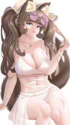Rule 34 | 1girl, animal ear fluff, animal ears, blue eyes, breasts, brown hair, brown tail, cat ears, cat girl, cleavage, dress, fangs, fluffy, green eyes, grin, hat, jewelry, large breasts, long hair, looking at viewer, multicolored eyes, necklace, original, see-through, see-through dress, smile, straw hat, summer uniform, sunglasses, swimsuit, swimsuit skirt, takie, takie arts, thick thighs, thighs, twintails, very long hair, white background