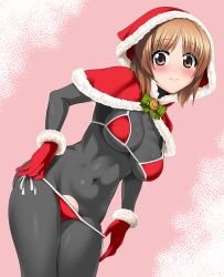 Rule 34 | 1girl, bikini, bikini pull, blush, bodysuit, boko (girls und panzer), breasts, brown eyes, brown hair, capelet, closed mouth, clothes pull, covered navel, cowboy shot, frown, fur-trimmed capelet, fur-trimmed gloves, fur trim, girls und panzer, gloves, highres, hood, hooded capelet, leaning forward, looking at viewer, medium breasts, nishizumi miho, pink background, red bikini, red capelet, red gloves, saitou gabio, santa costume, short hair, side-tie bikini bottom, skin tight, skindentation, solo, standing, string bikini, swimsuit