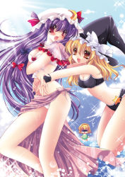 Rule 34 | 3girls, :d, ^^^, alice margatroid, bare legs, bikini, blonde hair, blush, bow, breasts, cape, capelet, cleavage, crescent, female focus, hairband, hat, hat bow, hug, hug from behind, kirisame marisa, light purple hair, long hair, multiple girls, open mouth, outdoors, patchouli knowledge, purple hair, red eyes, sakurano ru, sarong, shaded face, short hair, sky, smile, sparkle, star (symbol), sun, swimsuit, touhou, very long hair, water, witch, witch hat, wrist cuffs, wristband, yellow eyes