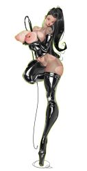 Rule 34 | 1girl, absurdres, between breasts, black gloves, black hair, bodystocking, bondage outfit, boots, breast lift, breasts, corset, earrings, elbow gloves, full body, gloves, highres, hoop earrings, huge breasts, huge nipples, inputwo, jewelry, latex, latex boots, latex gloves, lifted by self, lipstick, long legs, maebari, makeup, multicolored hair, nipple bar, nipple piercing, original, outline, phallic symbol, piercing, platform boots, platform footwear, solo, standing, standing on one leg, streaked hair, thick thighs, thigh boots, thighhighs, thighs, torn bodystocking, torn clothes, whip