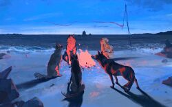 Rule 34 | 1boy, animal, bare shoulders, beach, blue sky, blue theme, campfire, commentary, crescent moon, dog, fire, firewood, flock, hands up, highres, huahua zhu, looking up, male focus, moon, night, ocean, original, outdoors, procreate (medium), ribbon, rock, shore, short hair, shorts, sky, symbol-only commentary, tank top, waves, white hair, white shorts, wind, wolf