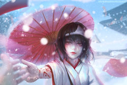 Rule 34 | 10s, 1girl, artist name, black hair, blurry, building, closed mouth, crying, crying with eyes open, depth of field, japanese clothes, kimono, long sleeves, looking at viewer, nora (noragami), noragami, outstretched arm, over shoulder, pale skin, parasol, pov, red eyes, red lips, red umbrella, sangrde, smile, snow, snowing, solo focus, tattoo, tears, triangular headpiece, umbrella, watermark, web address, wide sleeves, winter
