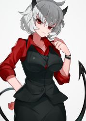Rule 34 | 1girl, arm behind back, black horns, black skirt, black vest, blush, breasts, closed mouth, collarbone, collared shirt, commentary, demon girl, demon horns, demon tail, dress shirt, helltaker, highres, horns, large breasts, looking at viewer, malina (helltaker), muraki (owantogohan), pencil skirt, red eyes, red shirt, shirt, short hair, simple background, skirt, sleeves rolled up, solo, tail, v-shaped eyebrows, vest, waistcoat, wavy mouth, white background, white hair