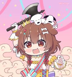 Rule 34 | 1girl, :3, :d, animal ears, axe, battle axe, blush stickers, bone hair ornament, braid, brown eyes, brown hair, chibi, commentary, creature, detached sleeves, dog, dog ears, dog girl, dress, english commentary, fangs, futo-inu, gloves, hair between eyes, hair ornament, hairclip, hand fan, heart, heart hair ornament, highres, holding, holding axe, holding weapon, hololive, hoso-inu, inugami korone, inugami korone (1st costume), kukie-nyan, listener (inugami korone), long hair, low twin braids, official alternate costume, open mouth, puffy short sleeves, puffy sleeves, short sleeves, smile, solo, twin braids, twitter username, underbust, upper body, virtual youtuber, weapon, white dress, white gloves