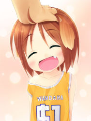 Rule 34 | 1girl, :d, ^ ^, animal ears, basketball, basketball uniform, brown hair, closed eyes, clothes writing, dog ears, fang, hand on another&#039;s head, happy, head pat, headpat, inuarashi, meiko (inuarashi), off shoulder, open mouth, original, short hair, smile, solo focus, sportswear
