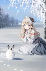 Rule 34 | 1girl, blonde hair, blunt bangs, blunt ends, blurry, blush, braid, depth of field, elf, field, footprints, highres, lace-trimmed collar, lace-trimmed headwear, lace trim, looking at animal, original, outdoors, own hands together, pointy ears, print capelet, rabbit, side braid, sidelocks, snow, squatting, sunako (veera), twin braids, twitter username, winter