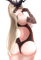 Rule 34 | 1girl, absurdres, ass, bare shoulders, blonde hair, blush, breasts, butt crack, elbow gloves, embarrassed, eyepatch, from behind, genshin impact, gloves, highres, huge ass, large breasts, leotard, long hair, looking at viewer, looking back, looking down, open mouth, purple eyes, shiny skin, sideboob, signora (genshin impact), solo, thong leotard, tomi (sooon103), very long hair