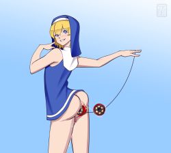 Rule 34 | 1boy, anal, anal object insertion, anus, artist request, ass, blonde hair, blue background, blue eyes, bottomless, bridget (guilty gear), guilty gear, guilty gear strive, highres, male focus, male penetrated, medium hair, object insertion, penis, solo, trap