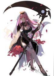 1girl breasts hase_neet holding holding_scythe hololive hololive_english large_breasts long_hair looking_up mori_calliope petals pink_eyes pink_hair scythe sitting smile solo unfinished veil virtual_youtuber white_background