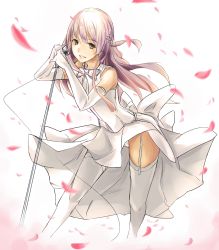 Rule 34 | 1girl, absurdres, brown eyes, dress, elbow gloves, garter straps, gloves, highres, long hair, megurine luka, microphone, microphone stand, panties, petals, phantania, pink hair, sketch, smile, solo, thighhighs, underwear, vocaloid, white panties, white thighhighs