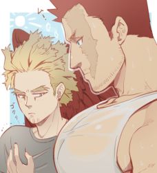 Rule 34 | 2boys, bara, beard, blonde hair, boku no hero academia, breast envy, bursting pectorals, endeavor (boku no hero academia), facial hair, from side, hand on own chest, hawks (boku no hero academia), large pectorals, looking at another, looking down, male focus, mature male, meme, multiple boys, muscle envy, muscular, muscular male, girl staring at guys chest (meme), pectoral focus, pectorals, red hair, red wings, scar, scar across eye, scar on face, see-through, shirt, short hair, sideburns, sidepec, spiked hair, stubble, tank top, translation request, upper body, usaki1987, wet, wet clothes, wet shirt, white tank top, wings