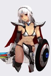 Rule 34 | 1girl, adapted costume, altera (fate), armor, bikini armor, black gloves, black thighhighs, blush, breasts, cape, collarbone, cosplay, dark-skinned female, dark skin, elbow gloves, elizabeth bathory (brave) (fate), elizabeth bathory (brave) (fate) (cosplay), elizabeth bathory (fate), fate/grand order, fate (series), full-body tattoo, gloves, greaves, highres, holding, holding sword, holding weapon, i-pan, kneeling, looking at viewer, navel, on one knee, open mouth, pauldrons, photon ray (fate), red eyes, revealing clothes, shield, shiny skin, short hair, shoulder armor, small breasts, solo, sword, tattoo, thighhighs, veil, weapon, white hair