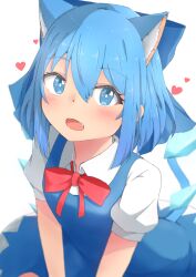 Rule 34 | 1girl, absurdres, animal ears, blue bow, blue dress, blue eyes, blue hair, blush, bow, bowtie, breasts, cat ears, cat tail, cirno, collared shirt, commentary, detached wings, dress, extra ears, hair between eyes, hair bow, heart, highres, ice, ice wings, long hair, looking at viewer, mizune (winter), pinafore dress, puffy short sleeves, puffy sleeves, red bow, red bowtie, shirt, short sleeves, simple background, sitting, sleeveless, sleeveless dress, small breasts, smile, solo, symbol-only commentary, tail, teeth, touhou, upper body, upper teeth only, v arms, white background, white shirt, wings
