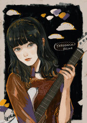 Rule 34 | 1girl, arm up, black background, black hair, brown shirt, chain, chain necklace, character name, english text, grey eyes, guitar, head tilt, hello! project, high collar, highres, holding, holding instrument, hyknbz, instrument, jewelry, light smile, long hair, looking at viewer, necklace, real life, shirt, upper body, yokoyama reina