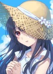 Rule 34 | 1girl, alternate costume, black hair, blush, cloud, day, dress, flower, fusou (kancolle), hat, hat flower, hat over one eye, kantai collection, long hair, looking at viewer, mitsuyo (mituyo324), one eye covered, outdoors, own hands clasped, own hands together, parted lips, red eyes, sky, solo, sun hat, upper body, white dress, white flower