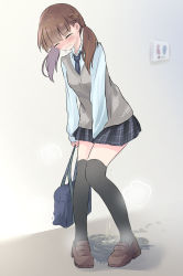 Rule 34 | 1girl, absurdres, arrow (symbol), bag, between legs, black thighhighs, blue necktie, blue shirt, blue skirt, blurry, blurry background, braid, breasts, brown footwear, brown hair, closed eyes, closed mouth, crying, embarrassed, female focus, grey background, grey vest, hand between legs, have to pee, highres, holding, indoors, knees together feet apart, long hair, long sleeves, miniskirt, necktie, original, pee, peeing, peeing self, pigeon-toed, plaid, plaid skirt, pleated skirt, puddle, school uniform, shiny skin, shirt, shoes, simple background, skirt, small breasts, solo, steam, tears, thighhighs, twintails, vest, watakarashi, wavy mouth