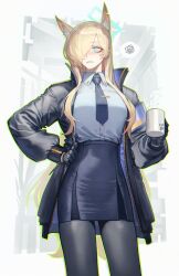 Rule 34 | 1girl, absurdres, animal ears, armband, blonde hair, blue archive, blue armband, blue eyes, blue jacket, blue necktie, blue pantyhose, blue shirt, blue skirt, coffee mug, collared shirt, contrapposto, cup, dog ears, frown, hair over one eye, halo, hand on own hip, high-waist skirt, highres, holding, holding cup, jacket, kanna (blue archive), long hair, long sleeves, mug, necktie, open clothes, open jacket, pantyhose, pencil skirt, rhine (overtonerhine), ringed eyes, sharp teeth, shirt, skirt, solo, spoken squiggle, squiggle, swept bangs, tareme, teeth, very long hair