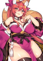 Rule 34 | 10s, 1girl, alternate color, animal ear fluff, animal ears, bow, breasts, fate/extra, fate/grand order, fate (series), fox ears, fox tail, hair bow, japanese clothes, koyanskaya (fate), large breasts, long hair, looking down, open mouth, osiimi, pink hair, simple background, smile, solo, tail, tamamo (fate), tamamo no mae (fate/extra), white background, yellow eyes