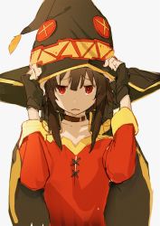 Rule 34 | 10s, 1girl, brown hair, choker, dress, fingerless gloves, gloves, half-closed eyes, hat, highres, holding, holding hat, kono subarashii sekai ni shukufuku wo!, long sleeves, looking at viewer, megumin, open mouth, red eyes, short hair with long locks, simple background, so-bin, solo, white background, witch hat