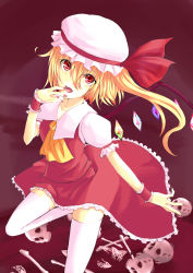 Rule 34 | 1girl, absurdres, bad id, bad pixiv id, blonde hair, embodiment of scarlet devil, female focus, flandre scarlet, hair between eyes, hat, highres, kauto, mob cap, red eyes, short hair, side ponytail, skull, solo, thighhighs, touhou, white thighhighs