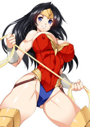 Rule 34 | 1girl, armlet, bare shoulders, black hair, blue eyes, bracer, breasts, cleavage, covered erect nipples, covered navel, crotch seam, dc comics, gluteal fold, headpiece, highleg, highleg leotard, holding, large breasts, lasso, leotard, long hair, looking at viewer, muscular, muscular female, open mouth, shiny skin, smash daisaku, solo, strapless, strapless leotard, superhero costume, taut clothes, thighs, tiara, wonder woman, wonder woman (series)