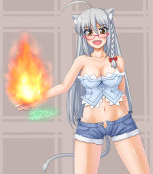 Rule 34 | 10s, 1girl, animal ears, bad id, bad pixiv id, bespectacled, bow, braid, breasts, bustier, cat ears, cat tail, cleavage, dog days, fire, glasses, hair bow, large breasts, leonmitchelli galette des rois, lingerie, long hair, open fly, open mouth, petag2, shiny skin, short shorts, shorts, silver hair, solo, tail, underwear, unzipped, yellow eyes