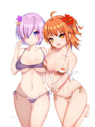 Rule 34 | 2girls, :d, ahoge, alternate costume, armband, artist name, bad proportions, bare arms, bare legs, bare shoulders, barefoot, blush, breasts, breasts apart, cleavage, collarbone, cowboy shot, eyelashes, fate/grand order, fate (series), feet, flower, fujimaru ritsuka (female), groin, hair flower, hair ornament, hair over one eye, hand to head, hibiscus, highres, holding strap, isy, large breasts, leg up, legs together, looking at viewer, mash kyrielight, medium breasts, midriff, multiple girls, nail polish, navel, open mouth, orange eyes, orange flower, orange hair, orange nails, purple eyes, purple flower, purple hair, red flower, short hair, side ponytail, smile, standing, standing on one leg, stomach, thigh gap, thighs, toenail polish, toenails, toes