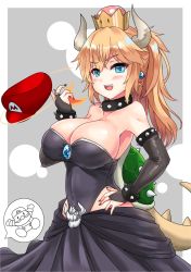 Rule 34 | 1boy, 1girl, bare shoulders, black leotard, black nails, blonde hair, blue eyes, blush, bowser logo, bowsette, bracelet, breasts, bridal gauntlets, brooch, cleavage, collar, collarbone, commentary request, crown, earrings, facial hair, fangs, fingernails, fire, flat cap, hair between eyes, hand on own hip, hand up, hat, highres, horns, jewelry, large breasts, leotard, long hair, looking at viewer, mario, mario (series), mini crown, miyuki rei, mustache, nail polish, new super mario bros. u deluxe, nintendo, red hat, sharp teeth, sidelocks, solo, solo focus, spiked bracelet, spiked collar, spiked shell, spikes, strapless, strapless leotard, super crown, tail, teeth, turtle shell