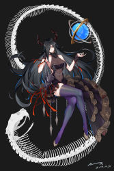 Rule 34 | 1girl, 2019, absurdres, alternate costume, azur lane, black background, black dress, black hair, breasts, chain, cleavage, clothing cutout, covered navel, dress, friedrich der grosse (azur lane), full body, highres, horns, jiusan naitang, large breasts, long hair, looking at viewer, purple thighhighs, red eyes, see-through, short dress, simple background, skeleton, sleeveless, sleeveless dress, solo, stomach cutout, thighhighs, very long hair, wrist cuffs