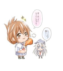 Rule 34 | 10s, 2girls, :x, black socks, blue eyes, blush, blush stickers, brown eyes, brown hair, chibi, chicken (food), chicken leg, commentary request, flat cap, folded ponytail, fujishima shinnosuke, grey hair, hat, hibiki (kancolle), inazuma (kancolle), kantai collection, kneehighs, loafers, long hair, long sleeves, looking at viewer, multiple girls, navel, neckerchief, partial commentary, pleated skirt, plump, school uniform, serafuku, shoes, simple background, skirt, socks, sparkling eyes, text focus, translation request, white background